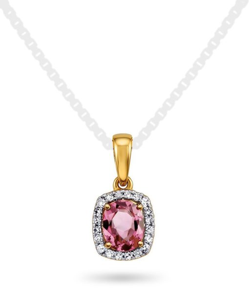 Anheng i gult gull med diamanter og rosa turmalin