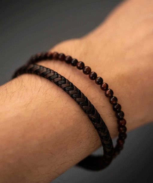 Armbånd i stål m/sort og brunt skinn - Bilde 4