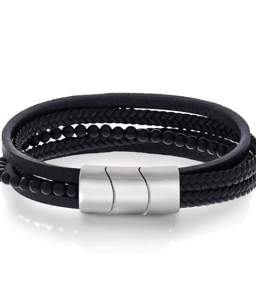 Armbånd i stål, agat og sort skinn