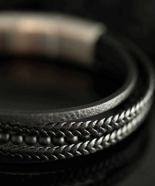 Armbånd i stål, agat og sort skinn - Bilde 3