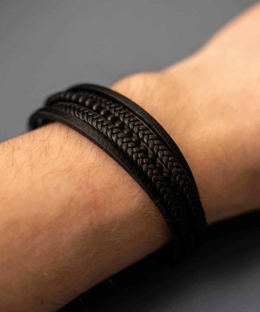 Armbånd i stål, agat og sort skinn - Bilde 4