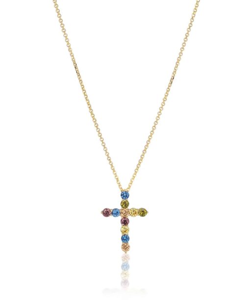 Sif Jakobs Necklace Belluno Croce  - 18k Gold Plated, With Multicoloured Zirconia